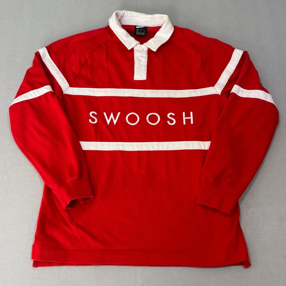 Nike Rugby Shirt Mens Large Red‎ White Striped Swoosh Embroidered Long Sleeve